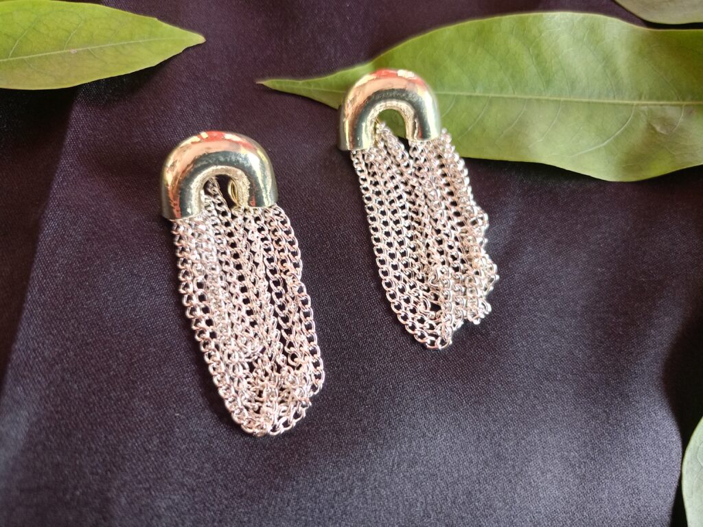 Premium Trendy Gold & Silver Plated Chained Safety Pin Shaped Korean Earrings