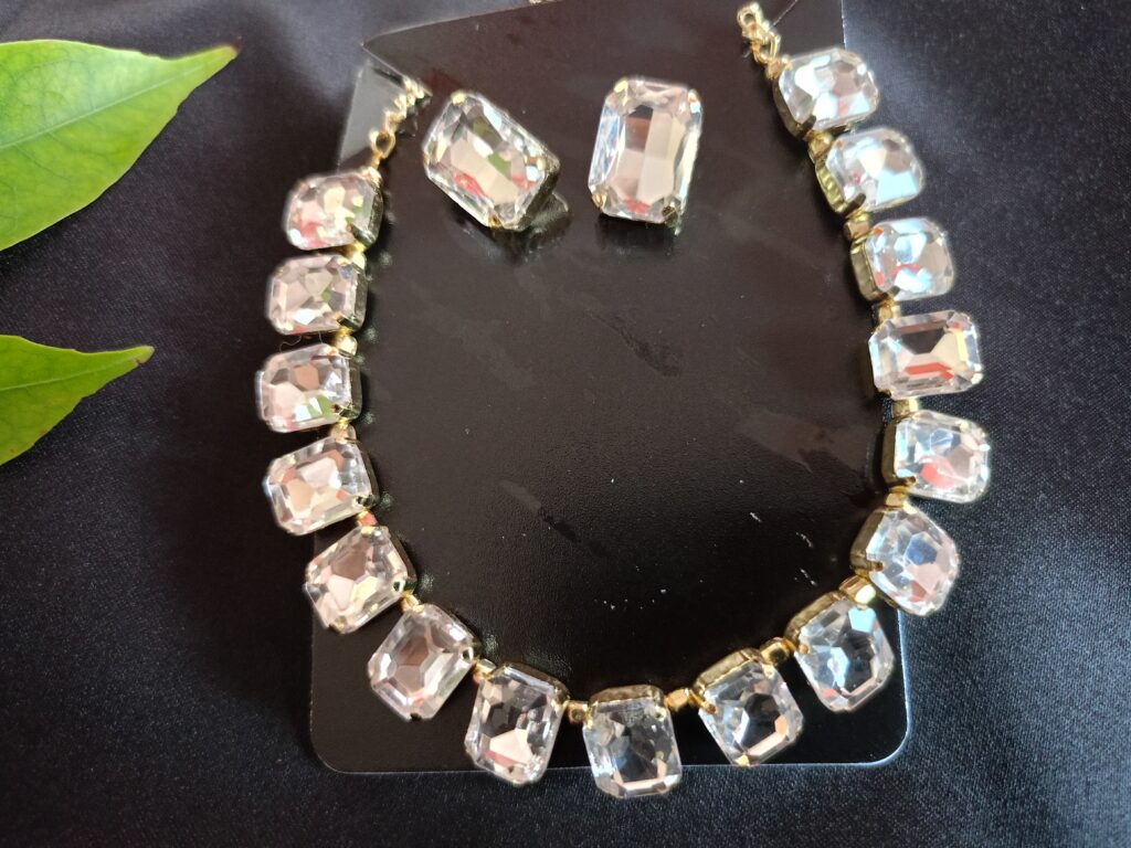 ESLABLUETTA Premium Square Crystal Diamond Necklace Earrings Set