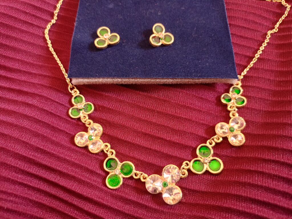 ESLABLUETTA PREMIUM EMERALD TRIO  DIAMOND GOLD PLATED  NECKLACE & EARRINGS SET FOR  WOMEN